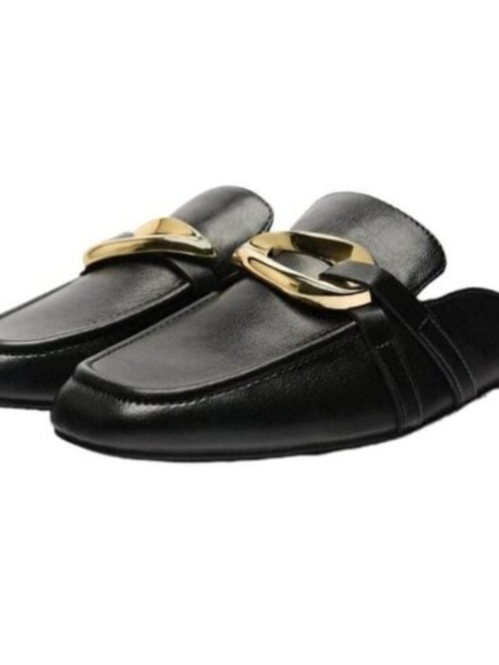 Zara Black Leather Slip-On Mules with Gold Buckle